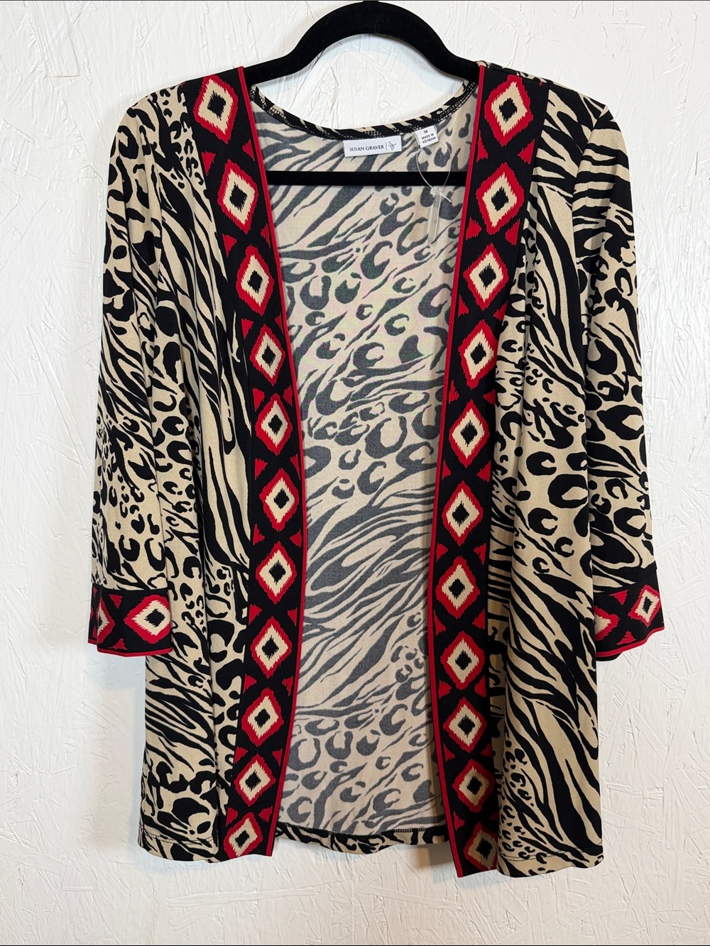 Susan Graver Beige Black Animal Print Open Cardigan with Red Trim